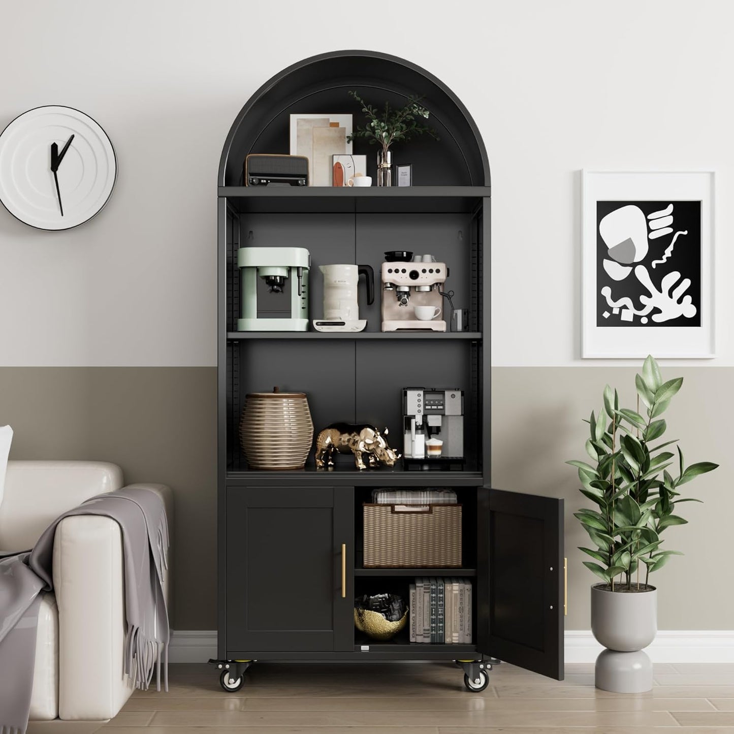 Metal Arched Bookcase With Wheels, Modern Freestanding Black Arch Storage Cabinets For Home Office Bookshelf Living Room