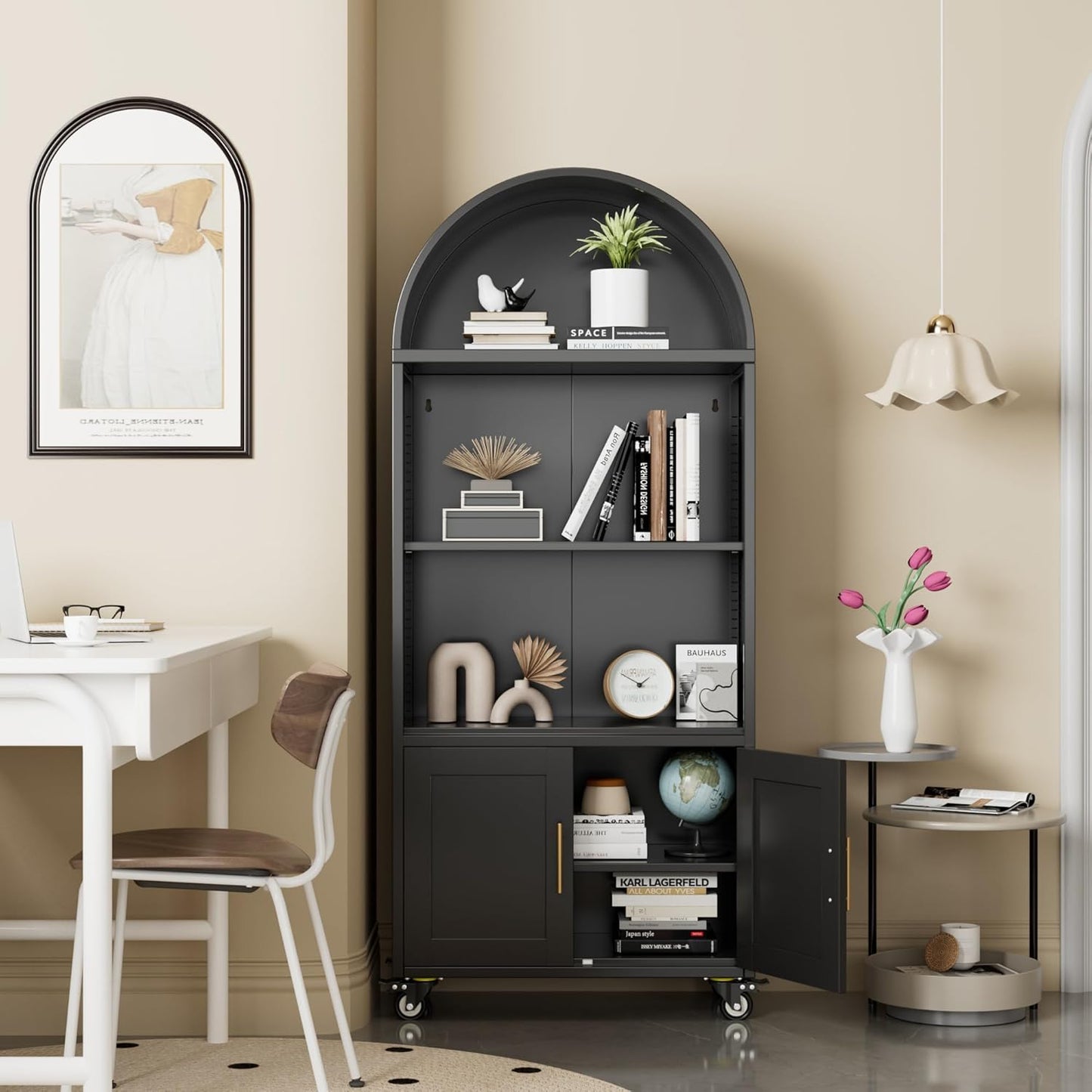 Metal Arched Bookcase With Wheels, Modern Freestanding Black Arch Storage Cabinets For Home Office Bookshelf Living Room