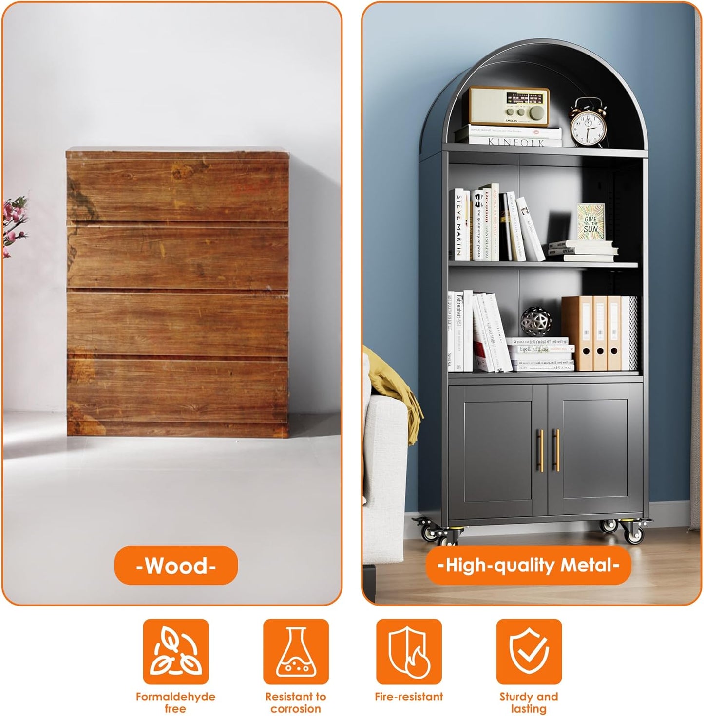 Metal Arched Bookcase With Wheels, Modern Freestanding Black Arch Storage Cabinets For Home Office Bookshelf Living Room
