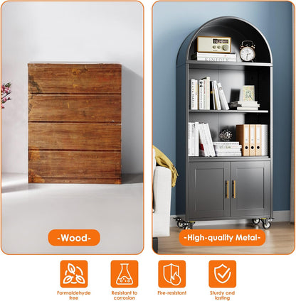 Metal Arched Bookcase With Wheels, Modern Freestanding Black Arch Storage Cabinets For Home Office Bookshelf Living Room