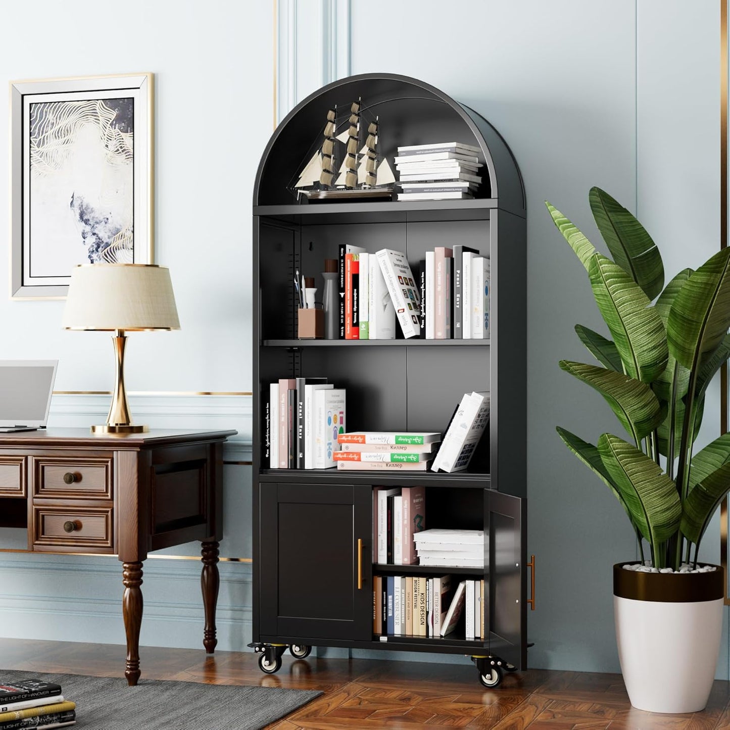 Metal Arched Bookcase With Wheels, Modern Freestanding Black Arch Storage Cabinets For Home Office Bookshelf Living Room
