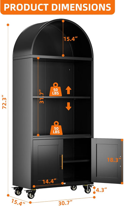 Metal Arched Bookcase With Wheels, Modern Freestanding Black Arch Storage Cabinets For Home Office Bookshelf Living Room