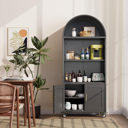 Metal Arched Bookcase With Wheels, Modern Freestanding Black Arch Storage Cabinets For Home Office Bookshelf Living Room